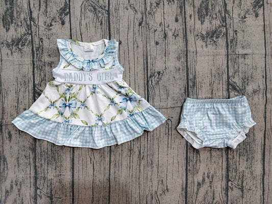 Preorder Baby Girls Kids Embroidery Daddy's Girl Bows Tops Blue Bummie Shorts Set Clothes