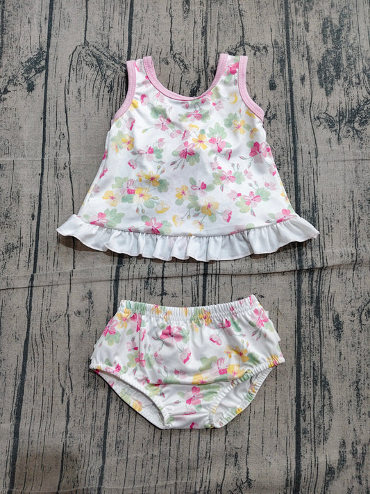 Preorder Baby Girls Kids Back Bow Floral Tops Ruffle Bummie Set Summer Clothes