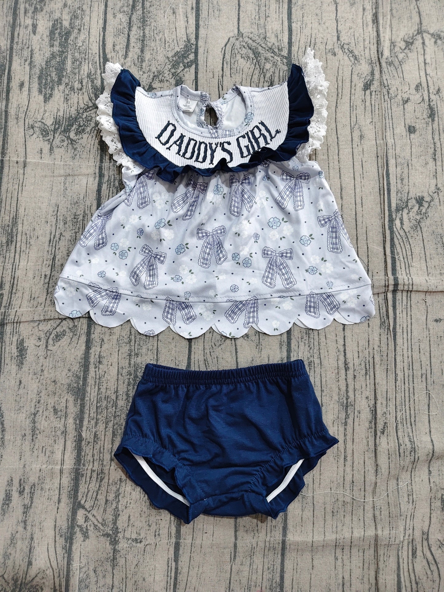Preorder Baby Girls Kids Embroidery Smocked Daddy's Girl Bows Flower Tops Navy Bummie Set Clothes