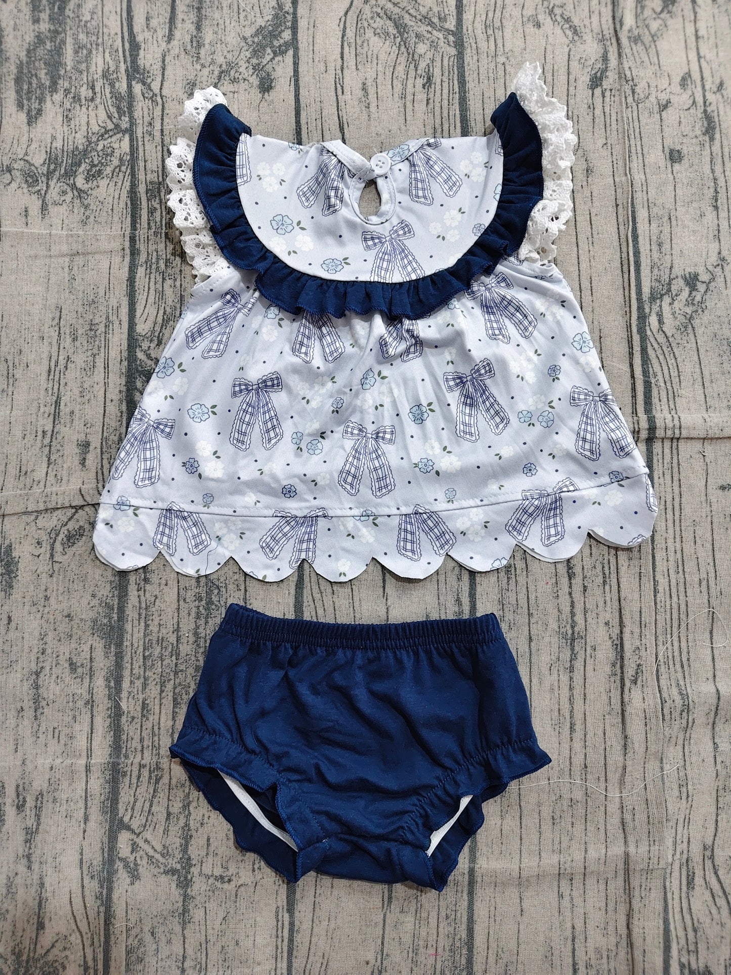 Preorder Baby Girls Kids Embroidery Smocked Daddy's Girl Bows Flower Tops Navy Bummie Set Clothes