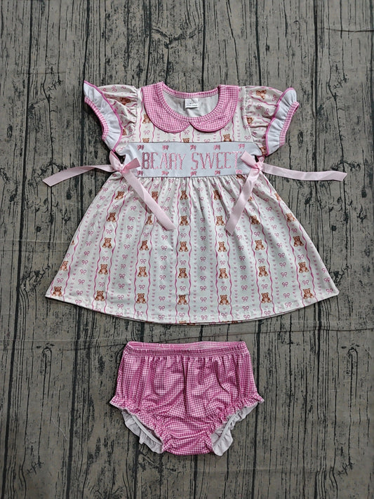 Preorder Baby Girls Kids Embroidery Beary Sweet Bows Tops Pink Bummie Set Summer Clothes