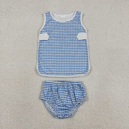 Sibling Baby Boys Girls Kids Blue Plaid Tops Bummie Shorts Sets Summer Clothes