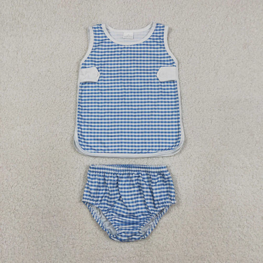 Sibling Baby Boys Girls Kids Blue Plaid Tops Bummie Shorts Sets Summer Clothes