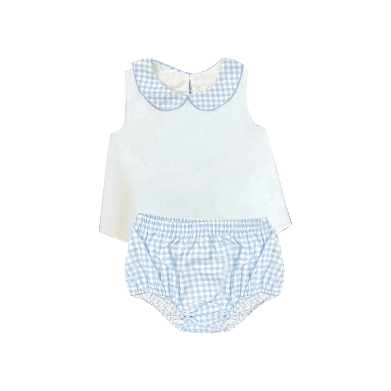 GBO0539 Preorder Baby Boys Kids Sleeveless Tops Blue Plaid Bummie Set Summer Clothes