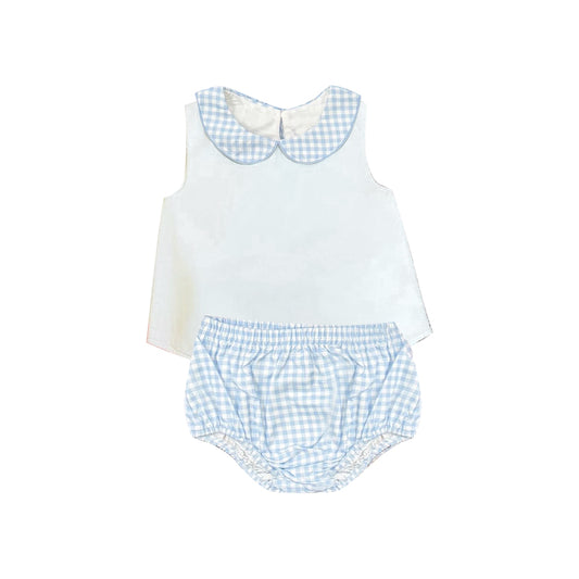 GBO0539 Preorder Baby Boys Kids Sleeveless Tops Blue Plaid Bummie Set Summer Clothes