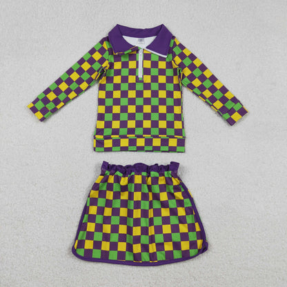Sibling Baby Girls Kids Mardi Gras Checked Yoga Active Shorts Dress Set