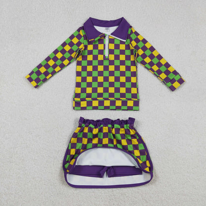 Sibling Baby Girls Kids Anchors Bows Plaid Leopard Zipper Tops Shorts Skirt Skort Mardi Gras Yoga Set