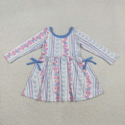 Sibling Baby Girls Long Sleeves Hearts Flower Bows Pockets Valentine Knee Length Dresses