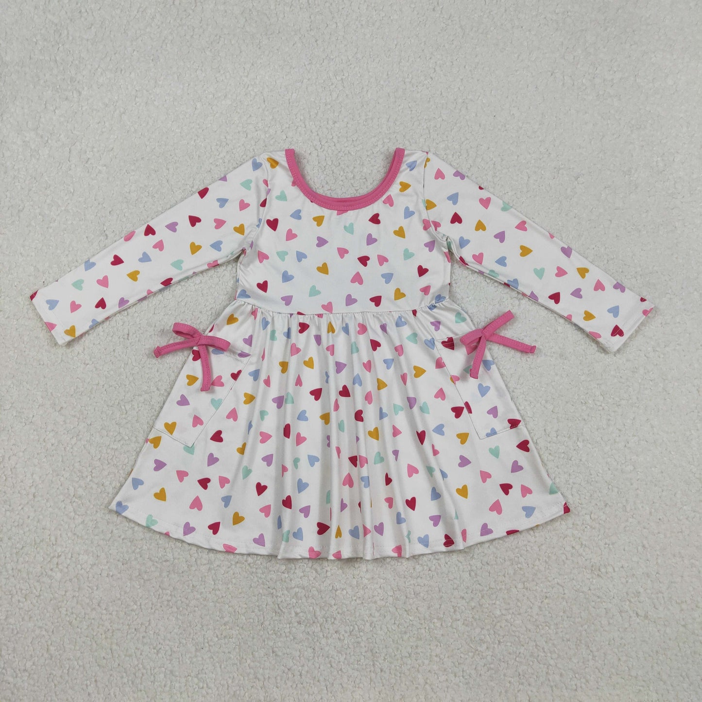 Sibling Baby Girls Long Sleeves Hearts Flower Bows Pockets Valentine Knee Length Dresses