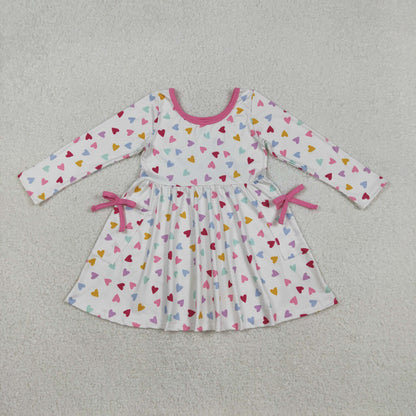 Sibling Baby Girls Long Sleeves Hearts Flower Bows Pockets Valentine Knee Length Dresses