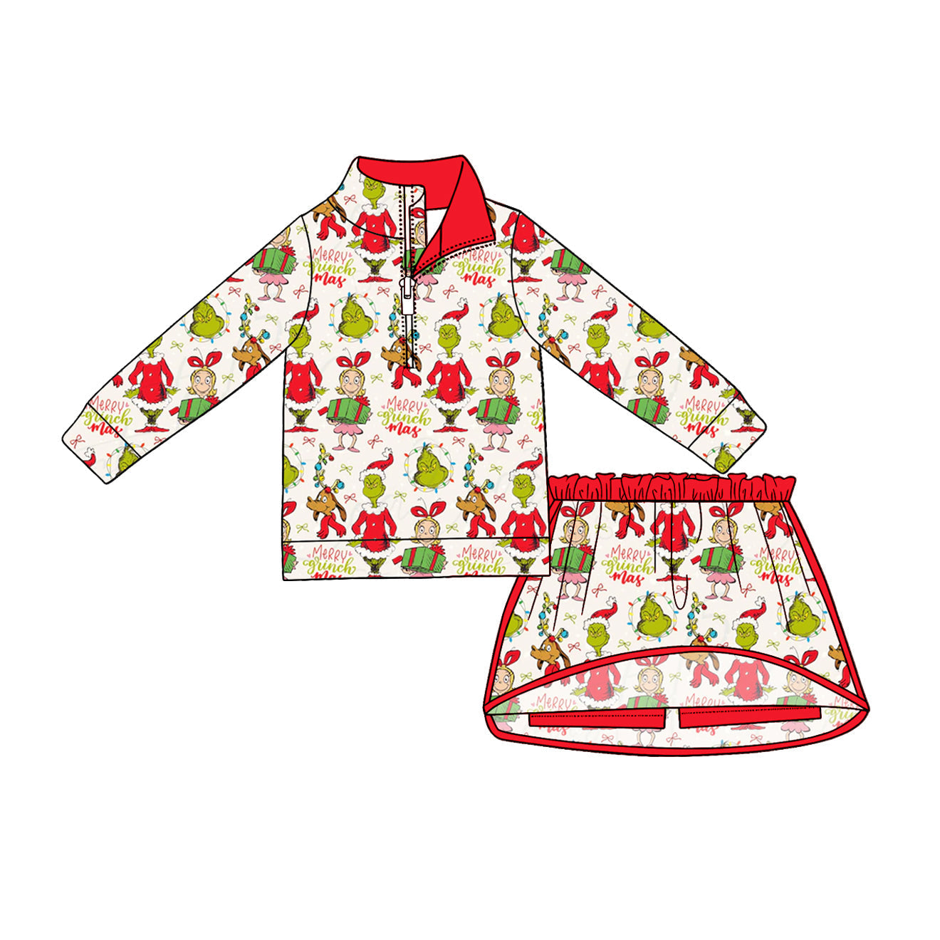Preorder Baby Girls Kids Long Sleeves Green Face Zipper Shirt Skirt Shorts Christmas Set Clothes ( Moq 5 )