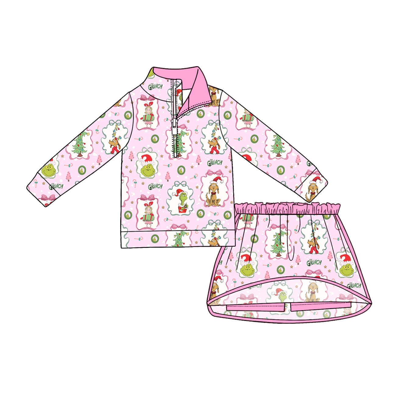 Preorder Baby Girls Kids Christmas Bows Face Zipper Pullover Skirt Shorts Pink Set Clothes ( Moq 5 )