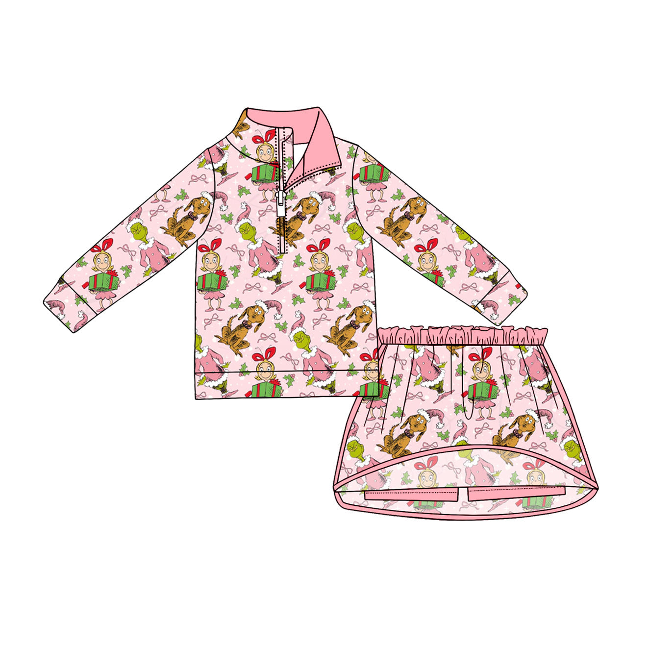 Preorder Baby Girls Kids Christmas Face Zipper Pullover Skirt Shorts Pink Set Clothes ( Moq 5 )