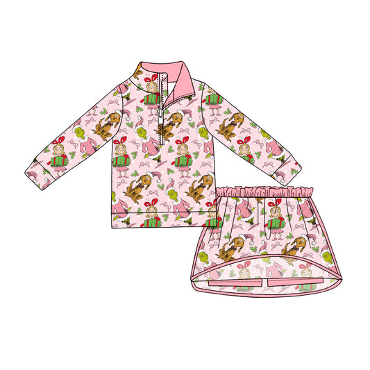 Preorder Baby Girls Kids Christmas Face Zipper Pullover Skirt Shorts Pink Set Clothes ( Moq 5 )