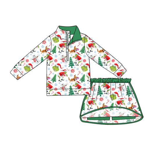 Preorder Baby Girls Kids Christmas Green Face Zipper Pullover Skirt Shorts Set Clothes ( Moq 5 )