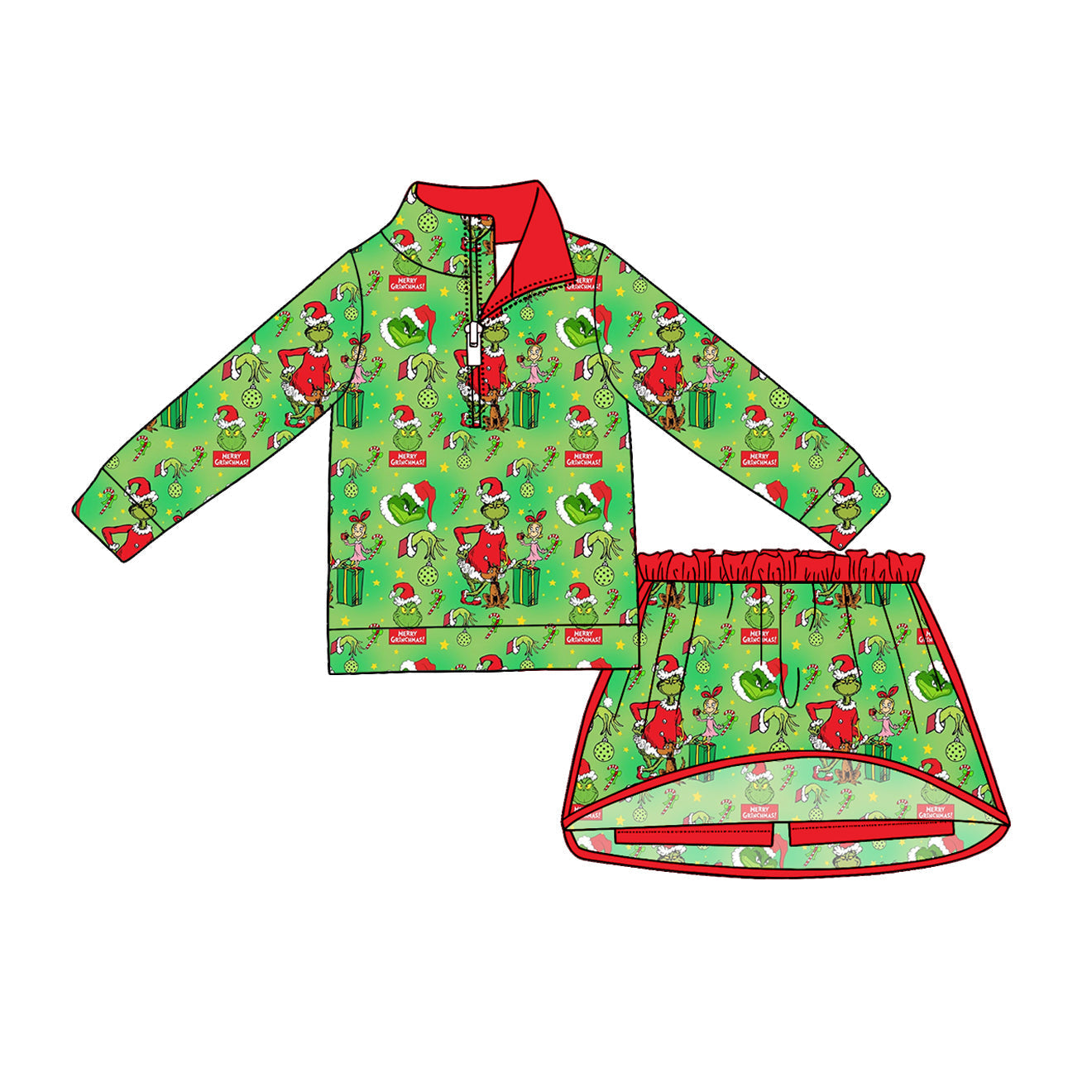 Preorder Baby Girls Kids Christmas Face Zipper Pullover Skirt Shorts Green Set Clothes ( Moq 5 )