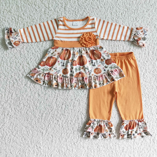 Promotion Girls Kids Pumpkins Flower Tunic Ruffle Pants Thanksgiving Fall Outfit