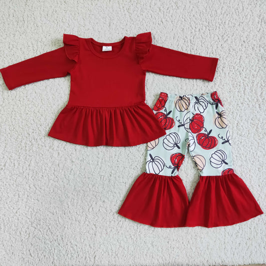 Promotion Baby Girl Red Long Sleeves Cotton Tunic Pumpkins Pants Thanksgiving Fall Set
