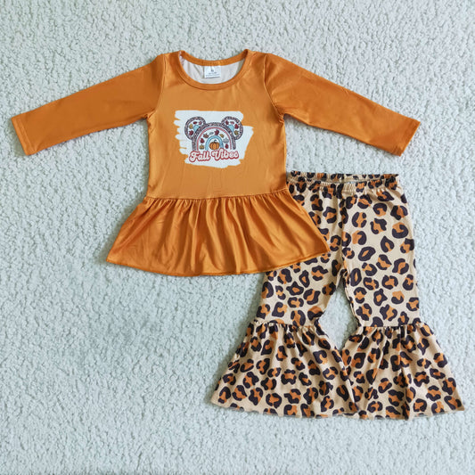 Promotion Baby Girl Pumpkin Cartoon Tops Leopard Pants Fall Outfit