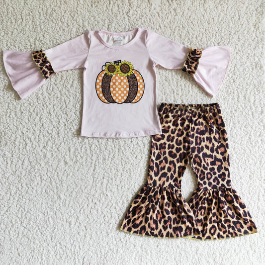 Promotion Baby Girl Pumpkin Shirt Leopard Pants Outfit