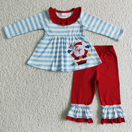Promotion Baby Girls Kids Embroidery Santa Stripes Tunic Ruffle Pants Outfit