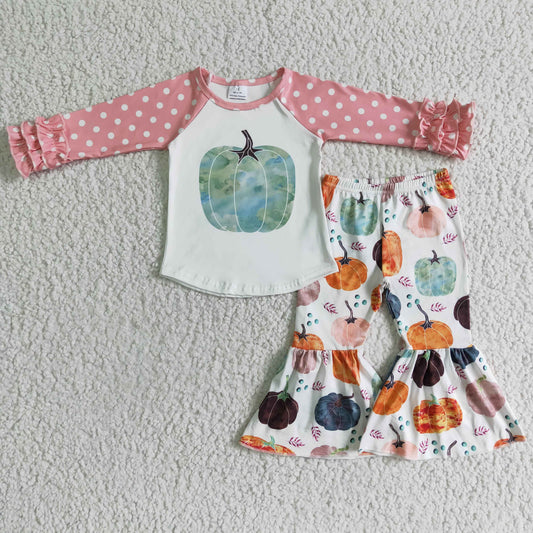 Promotion Baby Girl Kids Ruffle Long Sleeves Shirt Pumpkins Bell Pants Outfit
