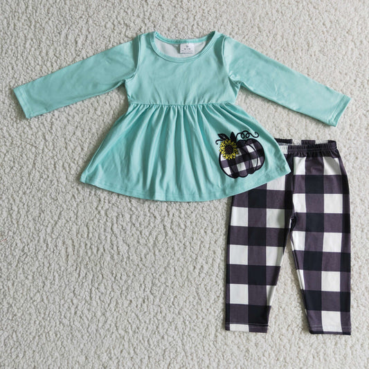 Promotion Baby Girl Long Sleeves Pumpkin Tunic Black Plaid Pants Outfit