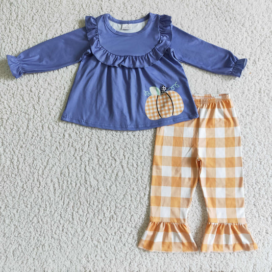 Promotion Baby Girl Long Sleeves Pumpkin Tunic Orange Plaid Pants Outfit