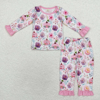 Sibling Baby Girls Long Sleeves Pumpkins Shirt Ruffle Pants Fall Bamboo Pajamas Sets