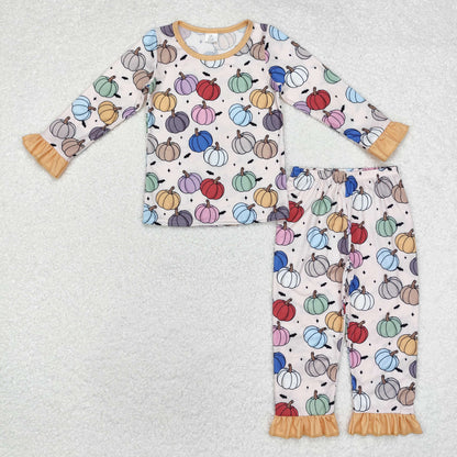 Sibling Baby Girls Long Sleeves Pumpkins Shirt Ruffle Pants Fall Bamboo Pajamas Sets