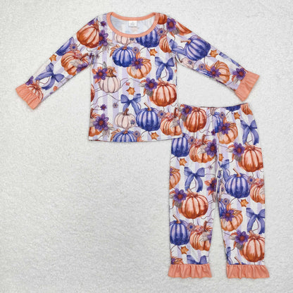 Sibling Baby Girls Long Sleeves Pumpkins Shirt Ruffle Pants Fall Bamboo Pajamas Sets