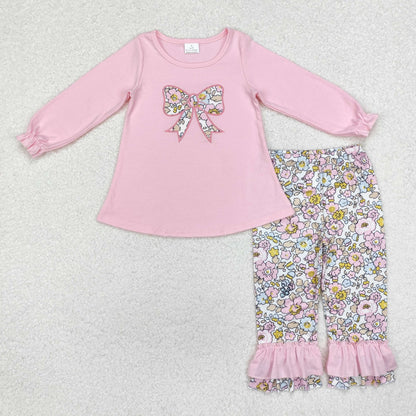 RTS Sibling Baby Girls Kids Long Sleeves Embroidery Bow Tops Flower Ruffle Pants Sets