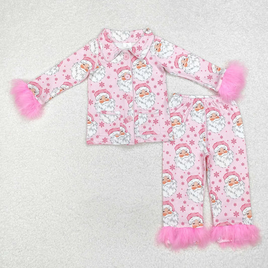 USA Shop Baby Girls Pink Fur Long Sleeves Christmas Santa Buttons Shirt Pants Pajamas Set