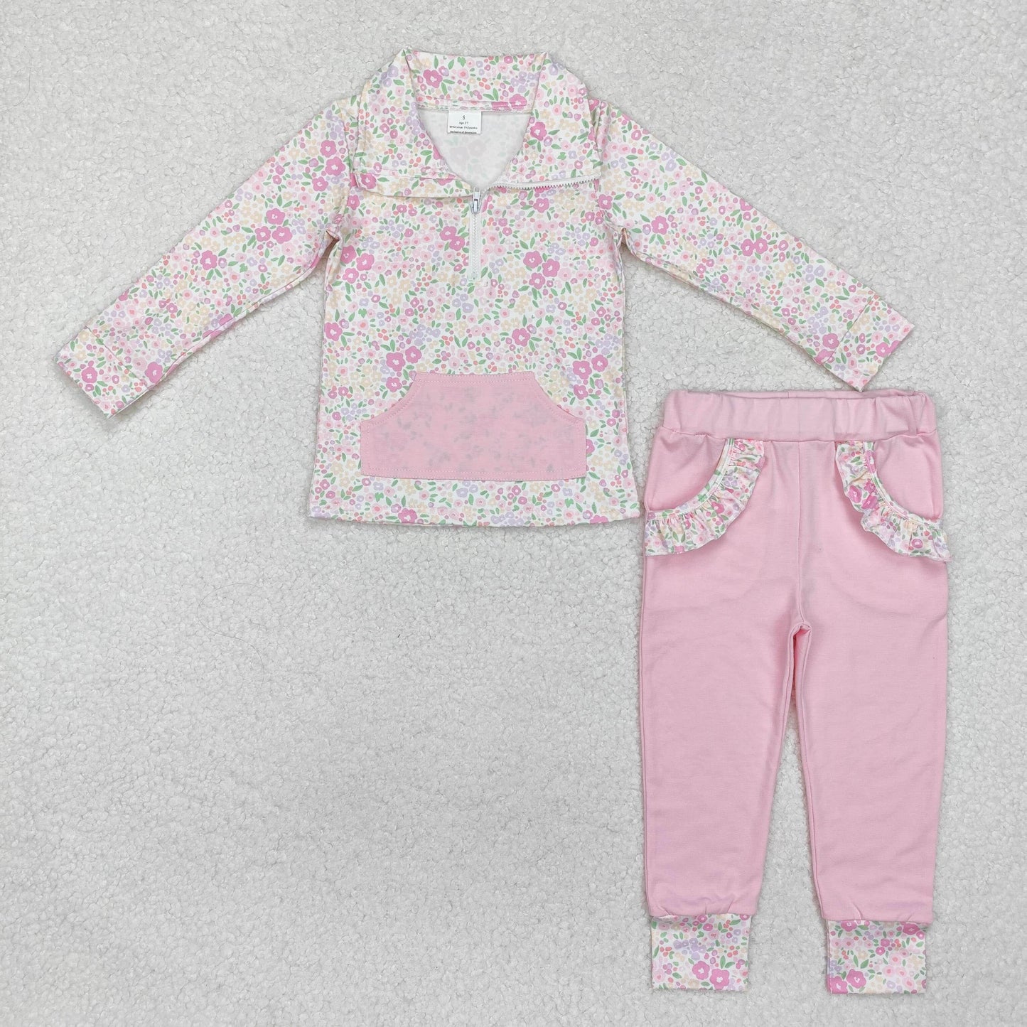 RTS Sibling Baby Girls Toddler Long Sleeves Flower Zipper Shirts Pockets Pants Clothes Sets