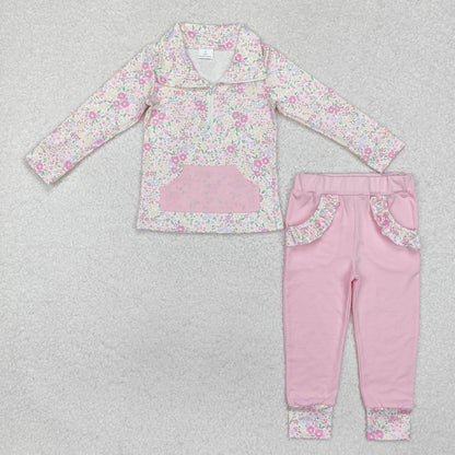 RTS Sibling Baby Girls Toddler Long Sleeves Flower Zipper Shirts Pockets Pants Clothes Sets