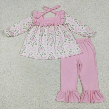 Baby Girl Toddler Long Sleeves Pumpkins Bows Sibling Pink Romper Set Clothes
