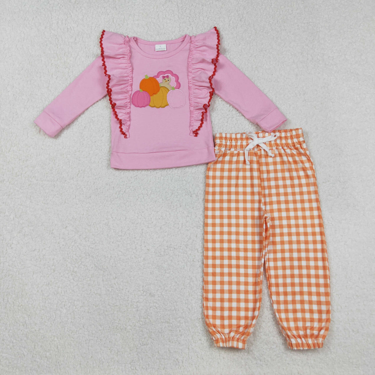 Sibling Baby Girls Long Sleeves Embroidery turkey Pumpkins Shirt Plaid Pants Set