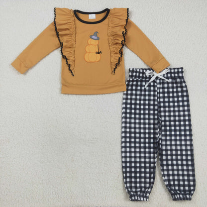 Sibling Baby Girls Long Sleeves Embroidery turkey Pumpkins Shirt Plaid Pants Set