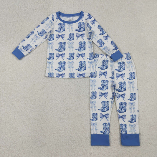 Sibling Baby Girl Long Sleeves Blue Bows Boots Western Zipper Romper Pajamas Clothes Set