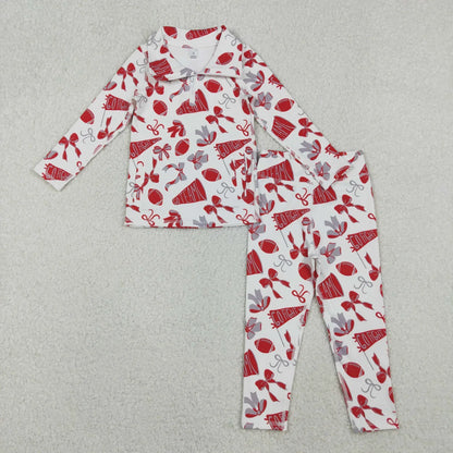 RTS Sibling Baby Girl Long Sleeves Football Bows Team Cheer Zipper Shirt Pants Yoga Active Sets