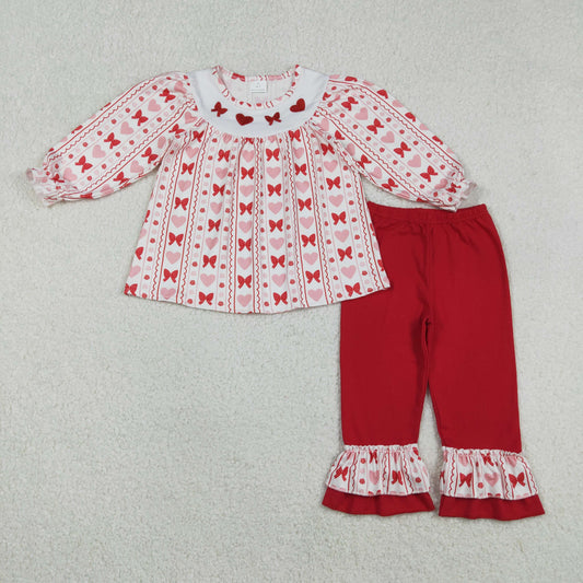 Sibling Baby Girls Long Sleeves Embroidery Bows Hearts Tunic Ruffle Red Pants Valentines Clothes Sets