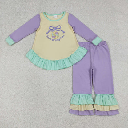 RTS Sibling Baby Girls Kids Long Sleeves Embroidery Sweet Cake Bows Mardi Gras Romper Set