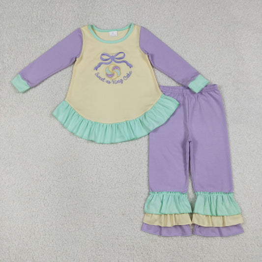 RTS Sibling Baby Girls Kids Long Sleeves Embroidery Sweet Cake Bows Mardi Gras Romper Set