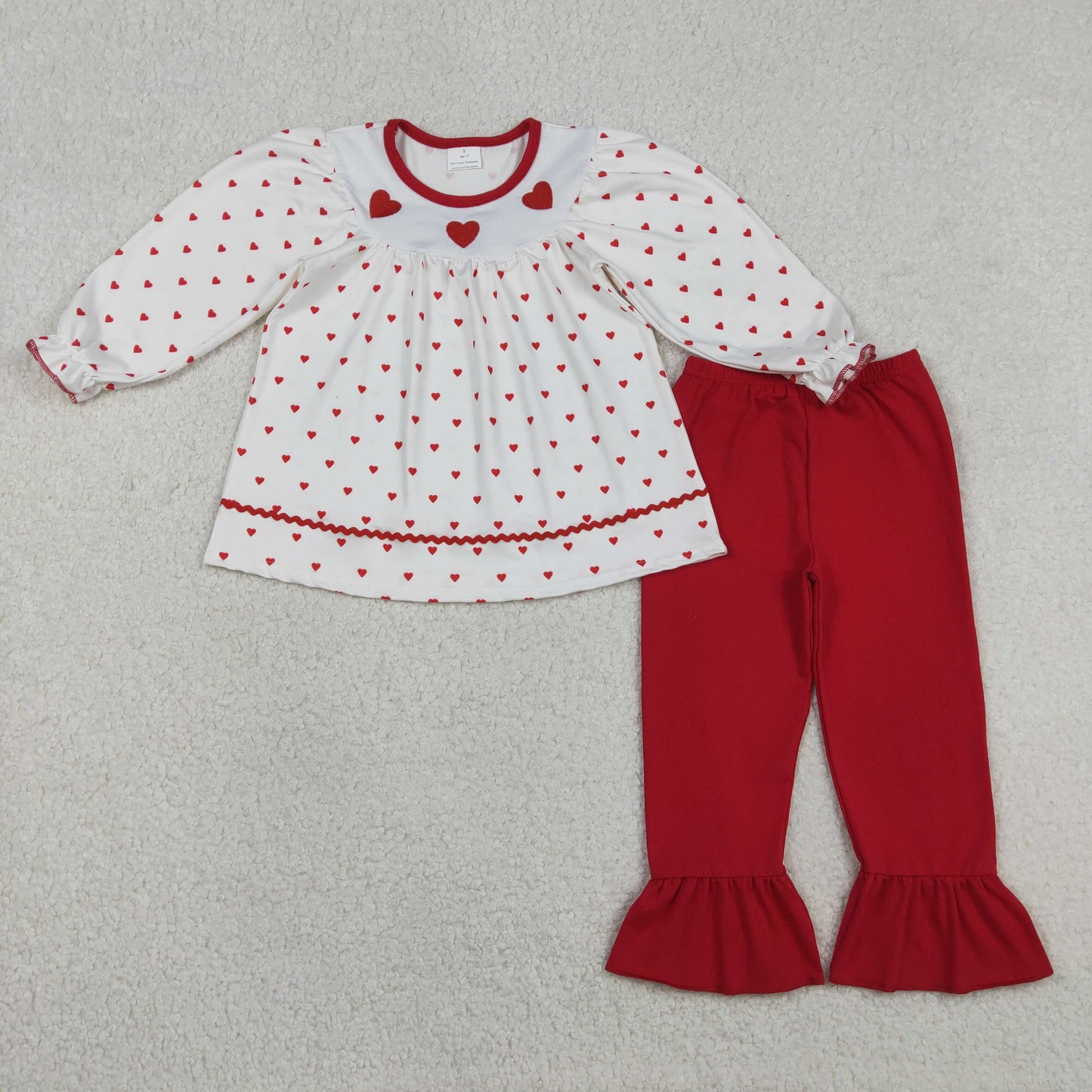Sibling Baby Girls Long Sleeves Embroidery Bows Hearts Tunic Ruffle Red Pants Valentines Clothes Sets