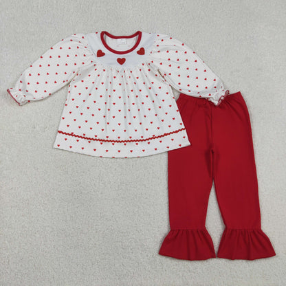 Sibling Baby Girls Long Sleeves Embroidery Bows Hearts Tunic Ruffle Red Pants Valentines Clothes Sets