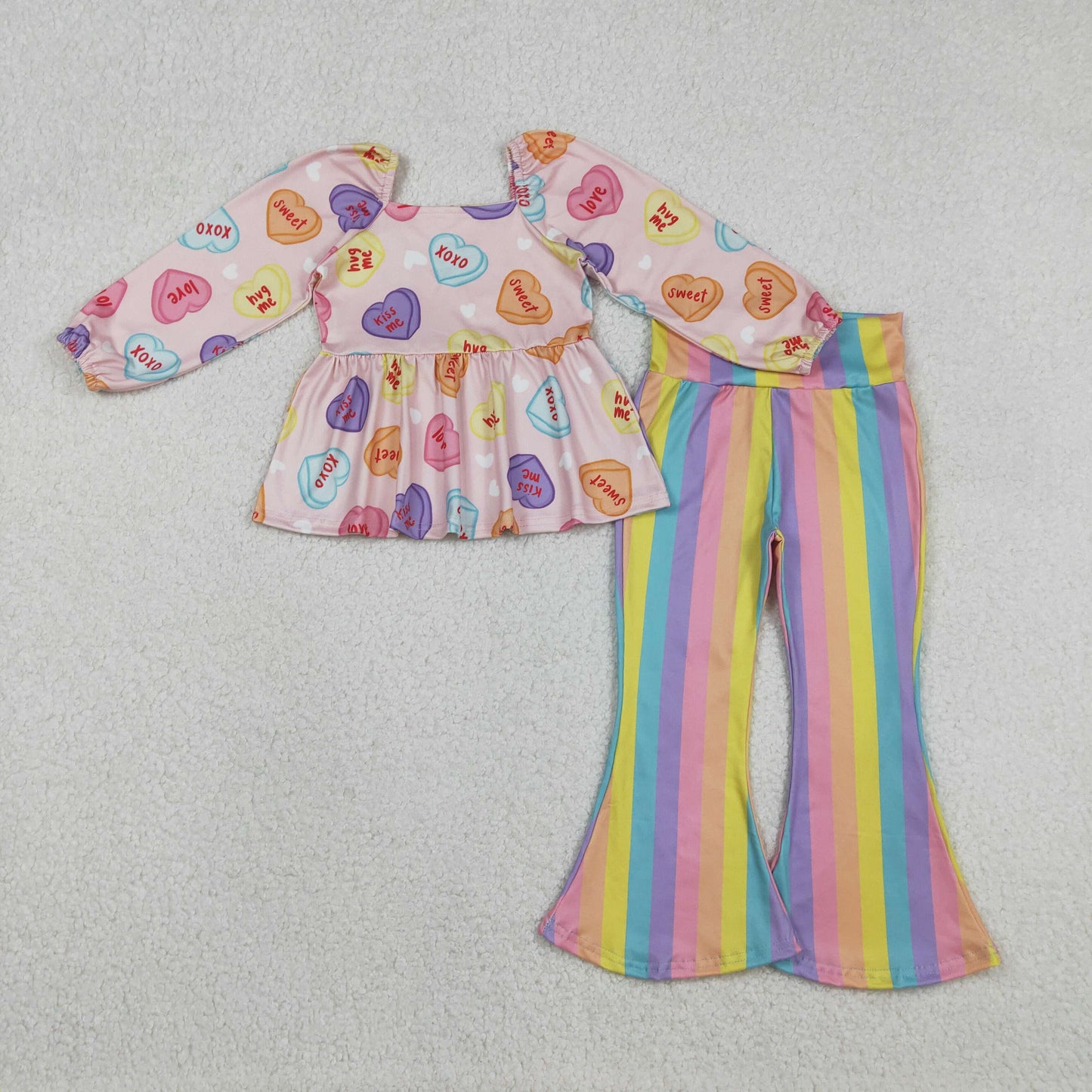 Sibling Baby Girls Kids Long Sleeves Hearts Bows Tops Stripes Pants Valentine Clothes Sets