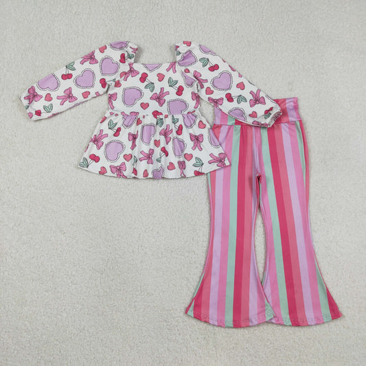 Sibling Baby Girls Kids Long Sleeves Hearts Bows Tops Stripes Pants Valentine Clothes Sets
