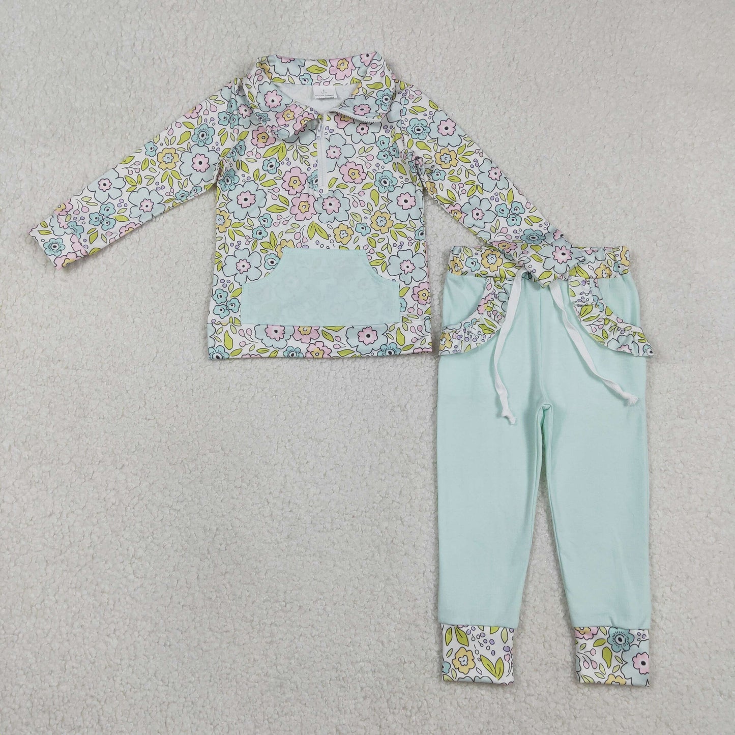 RTS Sibling Baby Girls Toddler Long Sleeves Flower Zipper Shirts Pockets Pants Clothes Sets