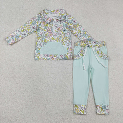 RTS Sibling Baby Girls Toddler Long Sleeves Flower Zipper Shirts Pockets Pants Clothes Sets
