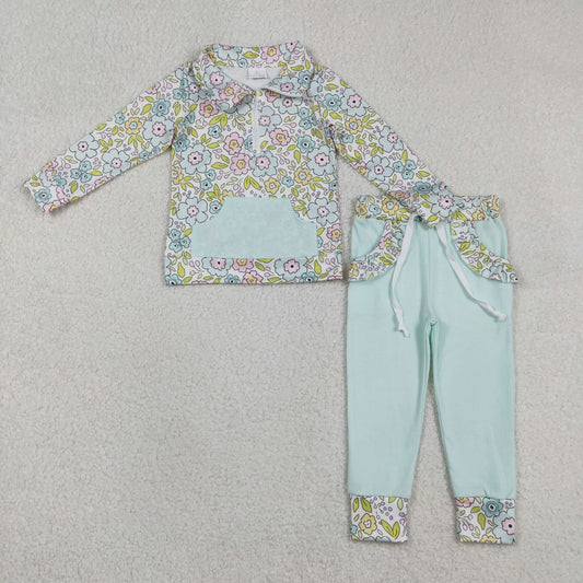 RTS Sibling Baby Girls Toddler Long Sleeves Flower Zipper Shirts Pockets Pants Clothes Sets